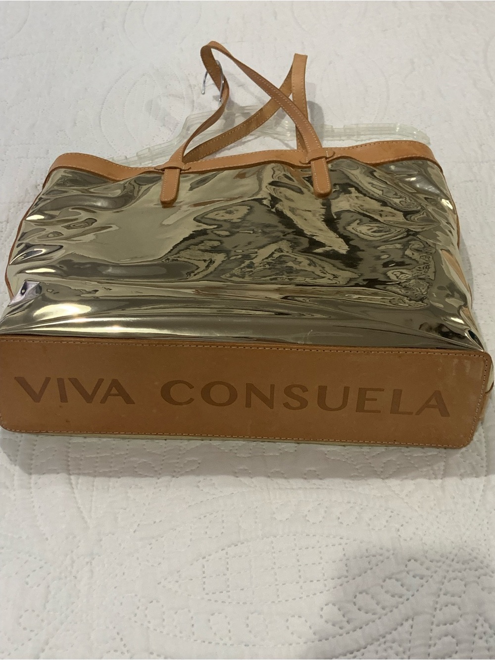 Consuela Shiny Gold Tote with Tan Trim
